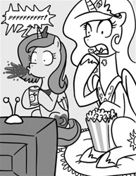 Size: 324x419 | Tagged: safe, artist:madmax, imported from derpibooru, princess celestia, princess luna, alicorn, pony, cropped, duo, female, food, grayscale, monochrome, popcorn, reaction image, royal sisters, s1 luna, siblings, sisters, soda, spit take, television