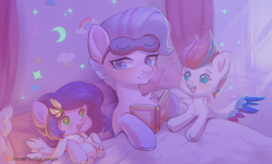 Size: 2416x1460 | Tagged: safe, artist:anku, imported from derpibooru, pipp petals, queen haven, zipp storm, pegasus, pony, bedroom, book, female, filly, filly pipp petals, filly zipp storm, foal, g5, mare, simple background, toy, younger