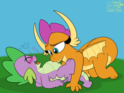 Size: 3000x2250 | Tagged: safe, artist:rupert, imported from derpibooru, smolder, spike, dragon, belly, blushing, cute, dialogue, dragoness, eyes closed, female, kneeling, laughing, lidded eyes, lying down, male, my little pony, on back, onomatopoeia, raspberry, raspberry noise, smolderbetes, spikabetes, spike day, ticklish tummy, tongue out, tummy buzz, winged spike, wings