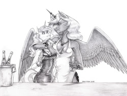 Size: 1500x1135 | Tagged: safe, artist:baron engel, imported from derpibooru, fleur-de-lis, princess luna, alicorn, anthro, unicorn, black dress, bottle, clothes, dress, female, glass, horn, mare, monochrome, pencil drawing, traditional art, wine bottle, wine glass