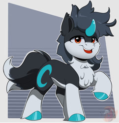 Size: 1934x2000 | Tagged: safe, artist:joaothejohn, imported from derpibooru, oc, pony, unicorn, chest fluff, commission, curved horn, cute, double tail, fursona, horn, looking at you, male, multiple tails, ponified, raised hoof, simple background, smiling, stallion, tail, unicorn oc