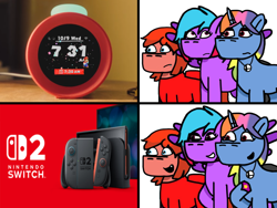 Size: 1240x930 | Tagged: safe, artist:josephthedumbimpostor, imported from derpibooru, oc, oc:diane deluxe, oc:maria meltdown, oc:selena smash, alarm clock, clock, meme, nintendo, nintendo switch, super mario