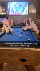 Size: 1152x2048 | Tagged: artist needed, safe, imported from derpibooru, pipp petals, princess celestia, twilight sparkle, zipp storm, pegasus, pony, duo focus, female, g5, irl, life size, mare, photo, plushie, pool table, royal sisters (g5), screen, siblings, sisters, television, text