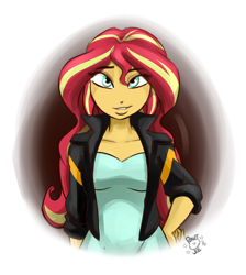 Size: 1700x1900 | Tagged: safe, artist:ponut_joe, imported from derpibooru, sunset shimmer, equestria girls, clothes, cute, derp, dress, female, hand on hip, jacket, looking at you, questionable source, shimmerbetes, smiling, solo