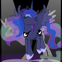 Size: 1228x1228 | Tagged: safe, artist:badumsquish, derpibooru exclusive, imported from derpibooru, princess celestia, princess luna, pony, alicorn eclipse, attention horse, card, card game, ccg, clothes, crown, dark background, equip spell card, eyes closed, eyeshadow, female, focus, glare, grumpy, happy, horn, jealous, jewelry, makeup, mare, peytral, pronking, regalia, shoes, siblings, sisters, sisters being sisters, smiling, spell card, spotlight, spread legs, spread wings, spreading, trading card, unamused, wings, yu-gi-oh!, yugioh card