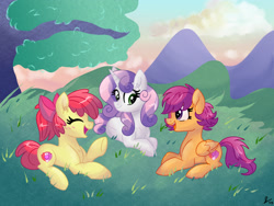 Size: 3120x2340 | Tagged: safe, artist:dreamscapevalley, imported from derpibooru, apple bloom, scootaloo, sweetie belle, earth pony, pegasus, pony, unicorn, apple bloom's bow, bow, cutie mark, cutie mark crusaders, female, hair bow, horn, looking at each other, looking at someone, lying down, mare, older, older apple bloom, older cmc, older scootaloo, older sweetie belle, prone, teenage apple bloom, teenage scootaloo, teenage sweetie belle, teenager, the cmc's cutie marks