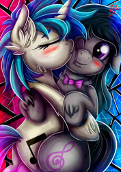 Size: 2480x3507 | Tagged: safe, artist:ebonyinkstone, imported from derpibooru, dj pon-3, octavia melody, vinyl scratch, earth pony, pony, unicorn, blushing, cheek kiss, clothes, cute, daaaaaaaaaaaw, eyes closed, female, floppy ears, horn, kissing, lesbian, mare, necktie, one eye closed, scratchtavia, shipping, smiling, unshorn fetlocks