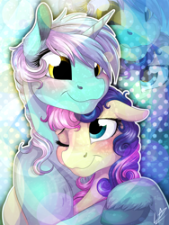 Size: 3000x4000 | Tagged: safe, artist:lupiarts, imported from derpibooru, bon bon, lyra heartstrings, sweetie drops, earth pony, pony, unicorn, blushing, female, horn, hug, lesbian, lyrabon, mare, shipping, smiling, unshorn fetlocks