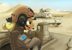 Size: 3604x2487 | Tagged: safe, artist:buckweiser, imported from derpibooru, applejack, rarity, earth pony, pony, unicorn, battlefield 3, clothes, crossover, desert, female, gloves, gun, headset, horn, m1 abrams, mare, open mouth, solo, tank (vehicle), weapon