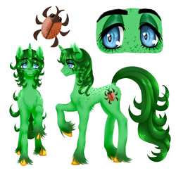 Size: 5590x5496 | Tagged: safe, artist:mosssong, imported from derpibooru, oc, oc only, oc:doodlebug, beetle, insect, pony, unicorn, blue eyes, butt fluff, chest fluff, coat markings, colored hooves, cutie mark, dappled, freckles, front view, green coat, green mane, hooves, horn, lanky, leg fluff, lineless, long fetlocks, looking at you, male, ponysona, raised hoof, reference sheet, shoulder fluff, side view, simple background, skinny, solo, stallion, tall, thin, unshorn fetlocks, white background