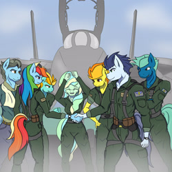 Size: 1599x1600 | Tagged: safe, artist:nwinter3, imported from derpibooru, lightning dust, rainbow dash, sky stinger, soarin', spitfire, vapor trail, wind rider, anthro, top bolt, alternate universe, cheek fluff, clothes, crossover, f-14 tomcat, fighter pilot, flight suit, handshake, jet, jet fighter, jet plane, my little pony, pilot dash, plane, top gun