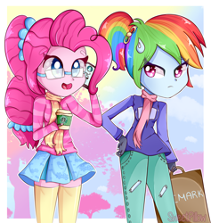 Size: 2300x2425 | Tagged: safe, artist:vixelzf, imported from derpibooru, pinkie pie, rainbow dash, equestria girls, alternate hairstyle, bag, clothes, coffee, cup, cute, dashabetes, diapinkes, fingerless gloves, glasses, gloves, miniskirt, open mouth, pants, pleated skirt, ponytail, scarf, skirt, socks, starbucks, thigh highs, thigh socks, zettai ryouiki