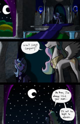 Size: 510x786 | Tagged: artist needed, safe, imported from derpibooru, princess celestia, princess luna, alicorn, crescent moon, female, females only, moon, night, sky, speech bubble, stars