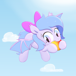 Size: 3000x3000 | Tagged: safe, artist:algoatall, oc, oc:lucky roll, bat pony, bat pony oc, bat wings, biting, bow, cloud, cute, female, filly, flying, food, mango, sky, solo, weapons-grade cute, wings, younger