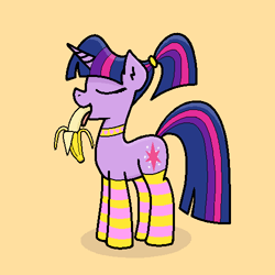 Size: 500x500 | Tagged: safe, artist:purblehoers, imported from derpibooru, twilight sparkle, pony, unicorn, banana, choker, clothes, eating, eyes closed, food, horn, ponytail, simple background, socks, solo, striped socks, tongue out, twilinanas, unicorn twilight, yellow background