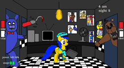 Size: 1888x1038 | Tagged: safe, artist:juninhooficial, imported from derpibooru, oc, oc:juninho, pegasus, pony, 2014, bonnie (fnaf), chica, crossover, five nights at freddy's, foxy, freddy fazbear, male, ms paint, nostalgia, office, old art, security guard, this will end in death, this will end in tears, this will end in tears and/or death