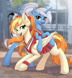 Size: 2492x2696 | Tagged: safe, artist:sierraex, imported from derpibooru, oc, oc only, oc:sodapop sprays, oc:storyteller, pegasus, pony, unicorn, cheerleader, cheerleader outfit, chest fluff, clothes, duo, female, horn, mare, open mouth, pegasus oc, unicorn oc, wings