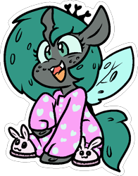 Size: 565x719 | Tagged: safe, artist:zutcha, imported from derpibooru, queen chrysalis, changeling, changeling queen, bunny slippers, clothes, cute, cutealis, female, freckles, heart print, open mouth, open smile, outline, pajamas, raised hoof, simple background, slippers, smiling, solo, transparent background, white outline