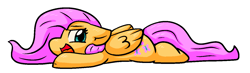 Size: 1345x393 | Tagged: safe, artist:zutcha, imported from derpibooru, fluttershy, pegasus, pony, female, flat fuck friday, floppy ears, lidded eyes, lying down, mare, open mouth, open smile, prone, simple background, smiling, solo, sploot, white background