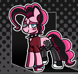 Size: 5168x4904 | Tagged: safe, artist:starbounce, pinkie pie, abstract background, alternate hairstyle, blush lines, blushing, bracelet, cel shading, clothes, collar, converse, covered cutie mark, cutie mark tape, duct tape, female, halftone, jewelry, latex, latex socks, looking at you, mare, outline, shading, shirt, shoes, short shirt, smiling, sneakers, socks, solo, spiked collar, tape