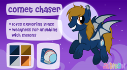 Size: 16347x9000 | Tagged: safe, artist:audreen, imported from derpibooru, oc, oc only, oc:comet chaser, bat pony, cutie mark, flying, grin, looking at you, male, reference sheet, show accurate, smiling, solo, stallion