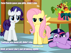 Size: 686x514 | Tagged: safe, edit, edited screencap, imported from derpibooru, screencap, fluttershy, rarity, twilight sparkle, pegasus, unicorn, drugs, female, females only, horn, implied photo finish, misspelling