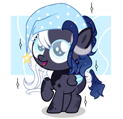 Size: 2274x2193 | Tagged: safe, artist:be_yourself, artist:cosmosloghy, imported from derpibooru, oc, oc only, oc:moony nightly, pony, baby, baby pony, blind, colored eyelashes, colored wings, female, gradient mane, gradient tail, hat, horns, looking up, nightcap, open mouth, open smile, passepartout, planet ponies, ponified, simple background, smiling, solo, solo female, space ponies, stars, tail, white background, wings