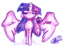 Size: 8484x6192 | Tagged: safe, artist:mannybcadavera, imported from derpibooru, twilight sparkle, alicorn, pony, absurd file size, absurd resolution, colored pencil drawing, eyebrows, eyebrows visible through hair, eyes closed, female, floppy ears, large wings, mare, partially open wings, simple background, solo, traditional art, twilight sparkle (alicorn), white background, wings