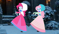 Size: 6594x3768 | Tagged: safe, artist:cartoonmasterv3, imported from derpibooru, fluttershy, pinkie pie, human, undead, zombie, equestria girls, clothes, dress, duo, gown, infected, long dress, long skirt, skirt, victorian, victorian dress, walking