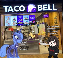 Size: 1200x1094 | Tagged: safe, imported from derpibooru, discord, princess luna, date, female, lesbian, meme, taco bell