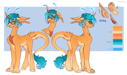 Size: 3440x2032 | Tagged: safe, artist:kirby_orange, imported from derpibooru, oc, oc only, unicorn, aqua eyes, aqua hair, chest fluff, ear fluff, glasses, hooves, horn, long tail, paws, scales, scalie, tail, unicorn oc