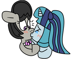 Size: 1000x800 | Tagged: safe, artist:jadeharmony, imported from derpibooru, octavia melody, sonata dusk, earth pony, pony, unicorn, blushing, bowtie, crying, cute, duo, eyes closed, female, floppy ears, horn, kissing, lesbian, mare, ponified, shipping, sonatabetes, sontavia, surprise kiss, unicorn sonata dusk