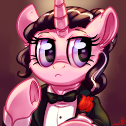 Size: 1800x1800 | Tagged: safe, artist:whitediamonds, imported from derpibooru, oc, oc only, pony, unicorn, bow, bowtie, clothes, ear fluff, female, flower, horn, mare, solo, suit, underhoof