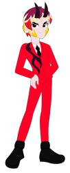 Size: 706x1730 | Tagged: safe, artist:robertsonskywa1, imported from derpibooru, oc, oc only, oc:starbreaker firewalker, demon, human, equestria girls, clothes, formal wear, hand on hip, hazbin hotel, horns, male, multicolored hair, photo, simple background, solo, solo male, transparent background, vitiligo