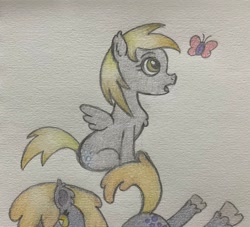 Size: 2893x2624 | Tagged: safe, artist:lewdyloops, imported from derpibooru, derpy hooves, butterfly, pegasus, pony, chest fluff, cute, cutie mark, ear fluff, pencil drawing, simple background, sitting, traditional art, white background, wings