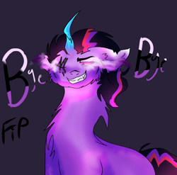 Size: 3130x3087 | Tagged: safe, artist:earth.loser, imported from derpibooru, twilight sparkle, comic:friendship is pointless, alternate hairstyle, alternate universe, blue horn, glowing, glowing eyes, scar, smiling, song reference, torn ear