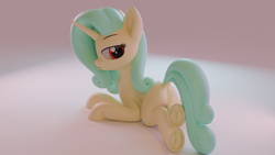 Size: 1920x1080 | Tagged: safe, artist:meng xin, imported from derpibooru, oc, pony, unicorn, 3d, 3d model, butt, hooves, horn, looking at you, looking back, lying down, plot, prone, solo, underhoof