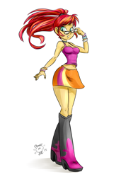 Size: 1552x2264 | Tagged: safe, artist:ponut_joe, imported from derpibooru, sunset shimmer, equestria girls, alternate hairstyle, belly, belly button, boots, bracelet, clothes, cute, female, glasses, jewelry, midriff, shimmerbetes, shirt, shoes, simple background, skirt, sleeveless, solo, tanktop, white background