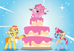 Size: 3900x2700 | Tagged: safe, artist:prixy05, imported from derpibooru, carrot cake, cup cake, pinkie pie, pound cake, pumpkin cake, earth pony, pegasus, pony, unicorn, baby, baby pony, brother and sister, cake, cake twins, female, food, g4 to g5, g5, generation leap, gradient background, horn, light blue background, male, mare, my little pony: tell your tale, siblings, simple background, stallion, surprise!, tell your tale style, twins