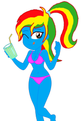 Size: 1888x2748 | Tagged: safe, artist:shieldwingarmorofgod, imported from derpibooru, oc, oc only, oc:royal strength, equestria girls, belly, belly button, bikini, blue skin, clothes, drink, female, midriff, ponytail, simple background, solo, swimsuit, transparent background