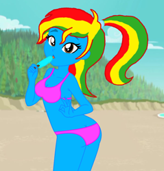 Size: 1242x1300 | Tagged: safe, artist:shieldwingarmorofgod, artist:yaya54320bases, imported from derpibooru, oc, oc only, oc:royal strength, equestria girls, beach, belly, belly button, bikini, blue skin, clothes, female, ice lolly, midriff, ponytail, solo, swimsuit