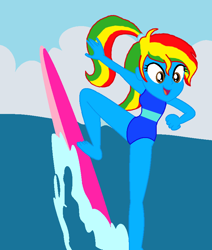 Size: 732x862 | Tagged: safe, artist:artsymlp12, artist:shieldwingarmorofgod, imported from derpibooru, oc, oc only, oc:royal strength, blue crushed, equestria girls, equestria girls series, barefoot, base used, belly, belly button, bikini, blue skin, clothes, feet, female, midriff, my little pony equestria girls: better together, ocean, one-piece swimsuit, outdoors, ponytail, solo, surfboard, surfing, swimsuit, water, wave