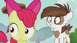 Size: 1280x720 | Tagged: safe, imported from derpibooru, apple bloom, pipsqueak, crusaders of the lost mark, my little pony, reaction image, surprised, wide eyes