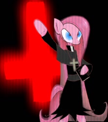 Size: 1133x1280 | Tagged: safe, artist:snowblackluck, imported from derpibooru, pinkie pie, anthro, earth pony, cross, exorcist, female, inverted cross, pinkamena diane pie, raised arm, solo