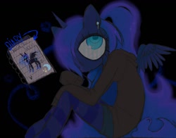 Size: 1310x1026 | Tagged: safe, artist:snowblackluck, imported from derpibooru, princess luna, alicorn, anthro, blue coat, blue eyes, blue mane, blue tail, cellphone, clothes, diary, hoodie, phone, smartphone, socks, solo, striped socks, tail