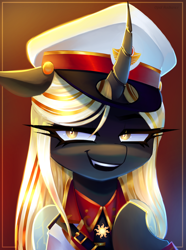 Size: 2228x3000 | Tagged: safe, artist:opal_radiance, imported from derpibooru, oc, oc:queen venyx, changeling, equestria at war mod, clothes, empire, solar, solar empire, solo, uniform