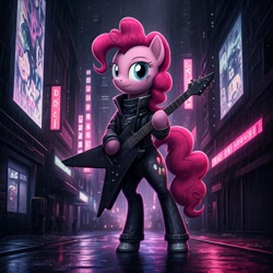 Size: 1024x1024 | Tagged: safe, generator:nightcafe ai, imported from twibooru, pinkie pie, ai content, ai generated, cyberpunk, generator:google imagen 3.0, image, music, needs more jpeg, ninja