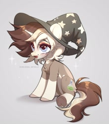 Size: 1850x2100 | Tagged: safe, artist:avroras_world, imported from derpibooru, oc, oc only, pony, unicorn, chest fluff, eyeliner, female, hat, horn, makeup, mare, open mouth, open smile, simple background, sitting, smiling, solo, underhoof, unicorn oc, witch hat