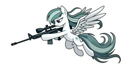 Size: 1024x585 | Tagged: safe, artist:495pygly, imported from derpibooru, oc, oc only, oc:frostwing blade, pegasus, pony, action pose, aiming, airborne, combat, cutie mark, digital art, dynamic pose, flying, gun, holding gun, long mane, long tail, m416, mane flowing, medibang paint, photo, rifle, scoped weapon, simple background, solo, spread wings, tail, teal mane, weapon, white background, white fur, wings