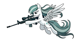 Size: 1024x585 | Tagged: safe, artist:495pygly, imported from derpibooru, oc, oc only, oc:frostwing blade, pegasus, pony, action pose, aiming, airborne, combat, cutie mark, digital art, dynamic pose, flying, gun, holding gun, long mane, long tail, m416, mane flowing, medibang paint, photo, rifle, scoped weapon, simple background, solo, spread wings, tail, teal mane, transparent background, weapon, white fur, wings